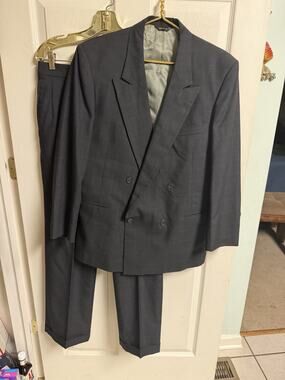 Stafford 42r 32x29 Gray 100% Wool Windowpane Jacket Pants Suit Double breasted